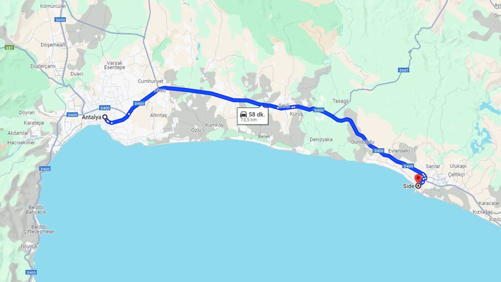 Antalya - Side Arası Kaç Kilometre?